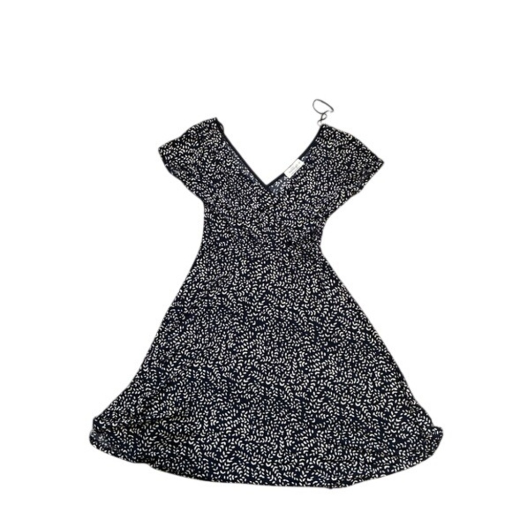 Navy Blue White Leaf Print V-Neck Fit & Flare Dress Womens M Short Sleeve